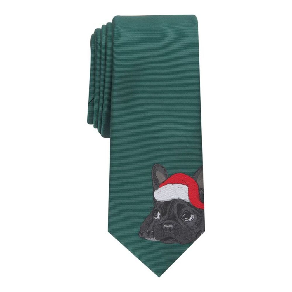 BAR III Mens Hunter Green Santa Pup Tie, Slim Neck Tie